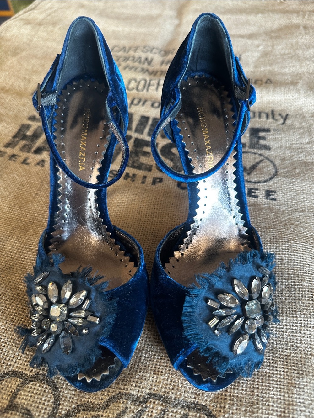 BCBGMaxAzria Royal Blue Velvet Jeweled Peep-Toe Heels